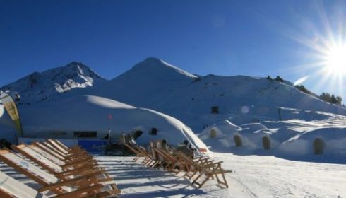 sun loungers outside apres ski hut on mountain hut in Mayrhofen Austria