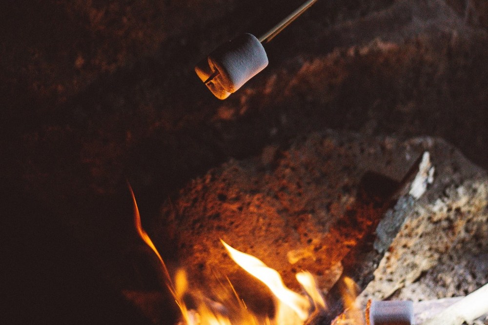 grilling marshmallows over camp fire