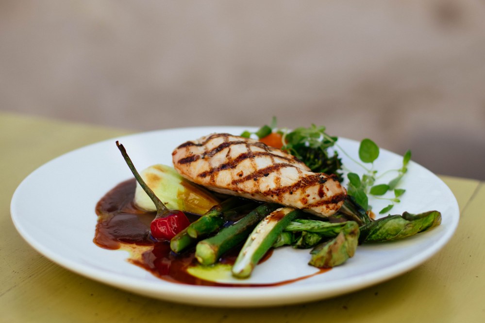healthy family meal of grilled chicken and vege